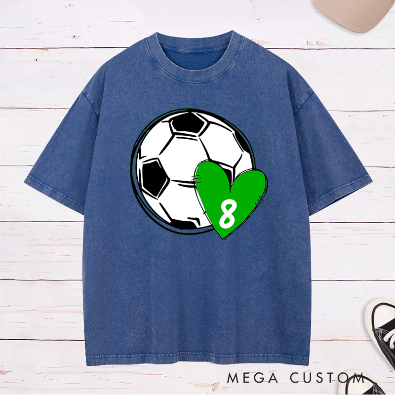 Personalized Soccer Love Washed T-Shirt with Custom Number in Heart