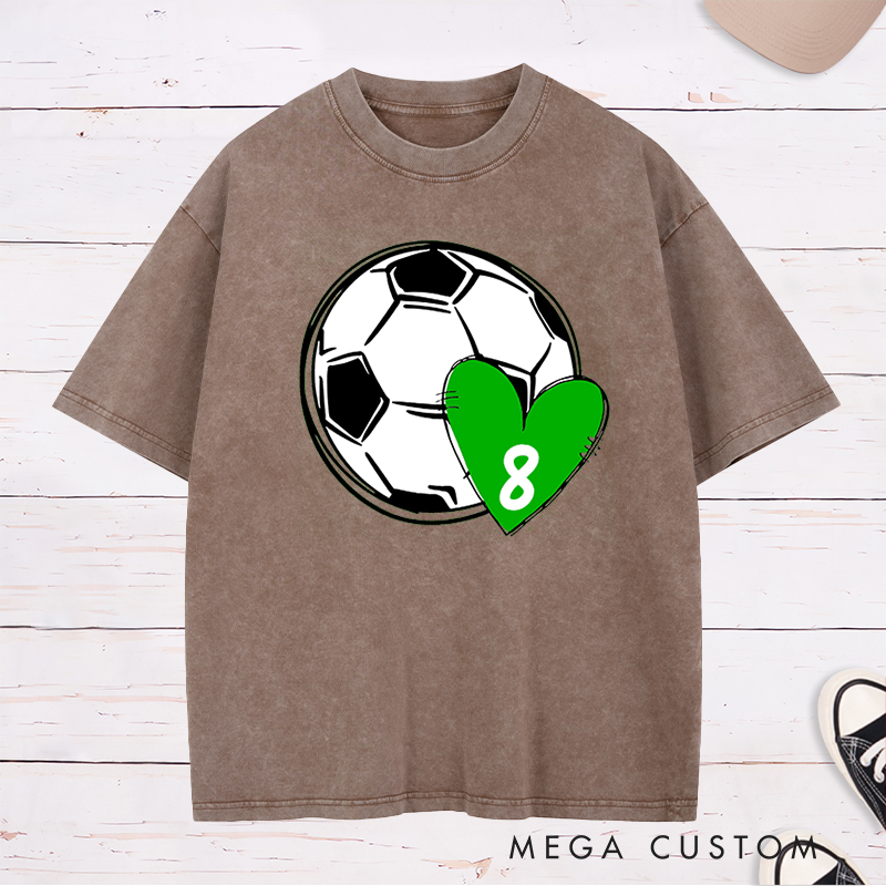 Personalized Soccer Love Washed T-Shirt with Custom Number in Heart