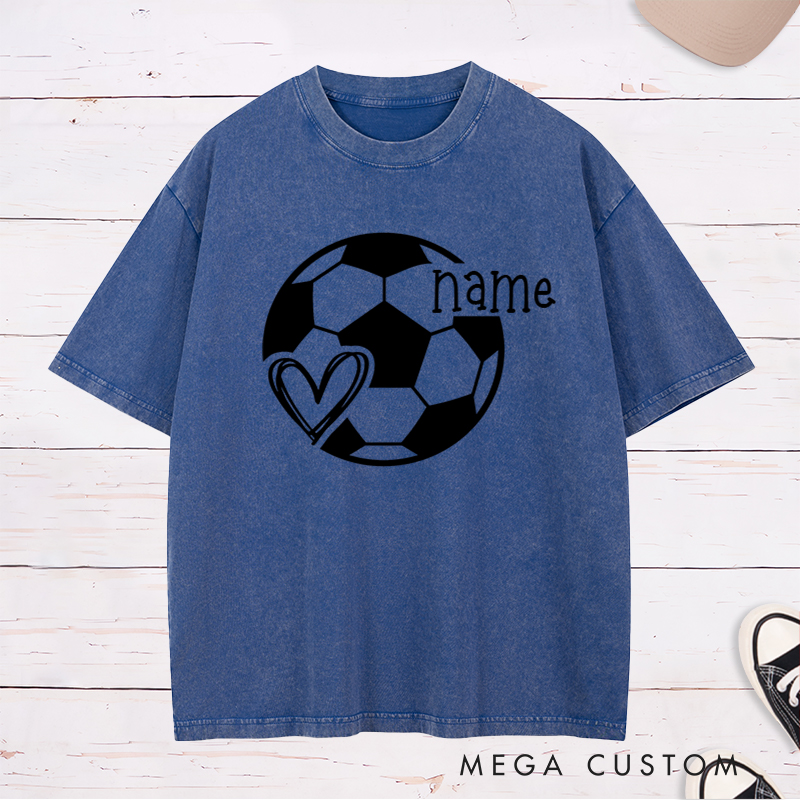 Personalized Soccer Heart Washed T-Shirt with Custom Name Design