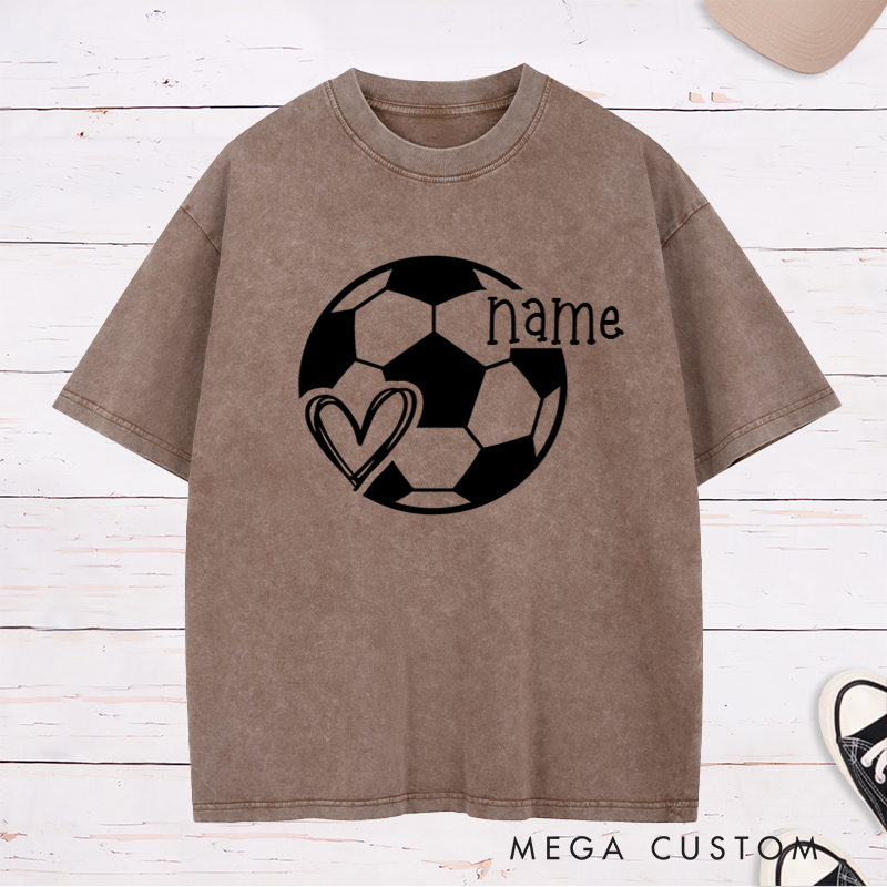 Personalized Soccer Heart Washed T-Shirt with Custom Name Design