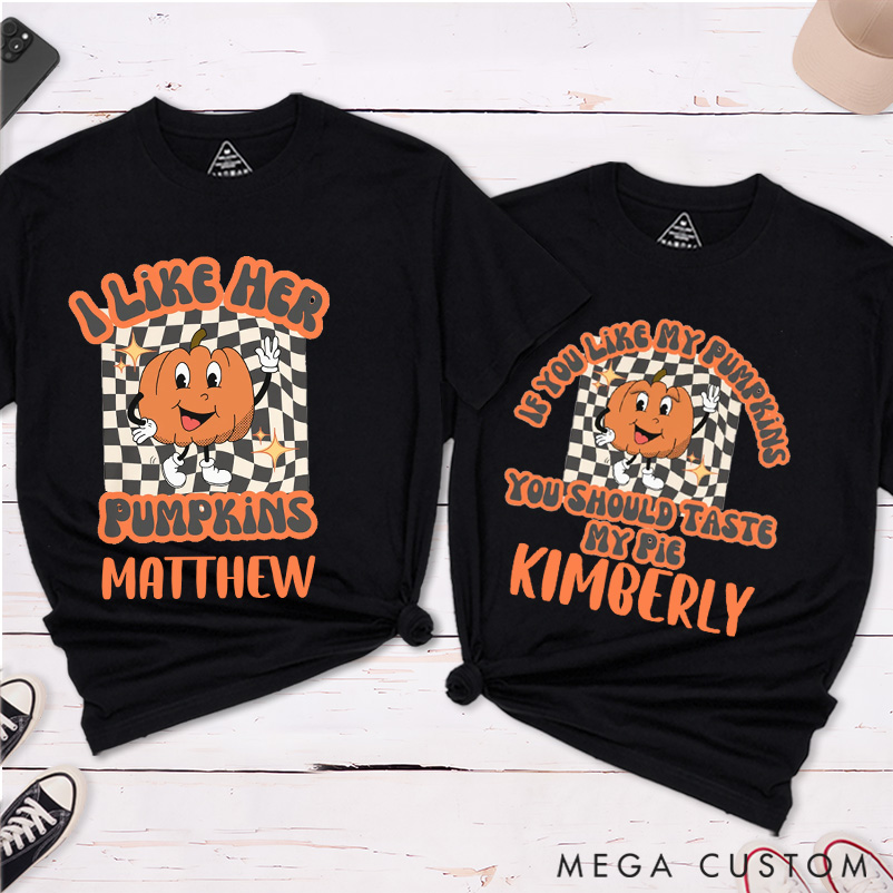 Personalized Pumpkin Emoticon Couple Matching Halloween Shirt Checkerboard Design Couple T-Shirt