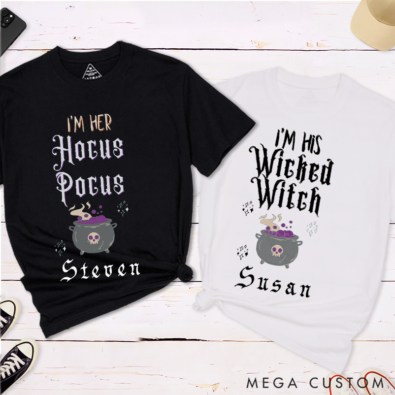 Personalized I'm His Wiched Witch and I'm Her Hocub Pocub Couple Matching T-Shirt Halloween Shirt For Him and Her