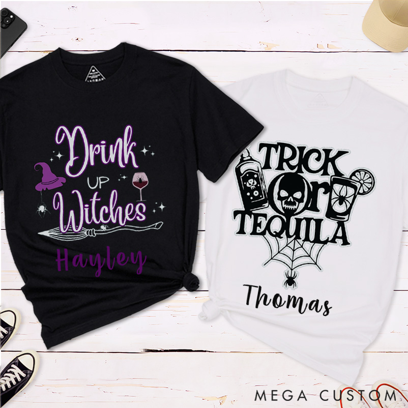 Personalized Halloween Trick or Teouila and Drink Witches Couple Funny Matching T-Shirt
