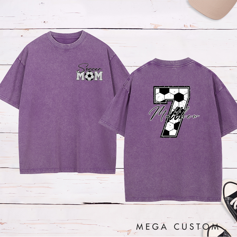 Personalized Soccer Mom Washed T-Shirt with Custom Name and Number Design