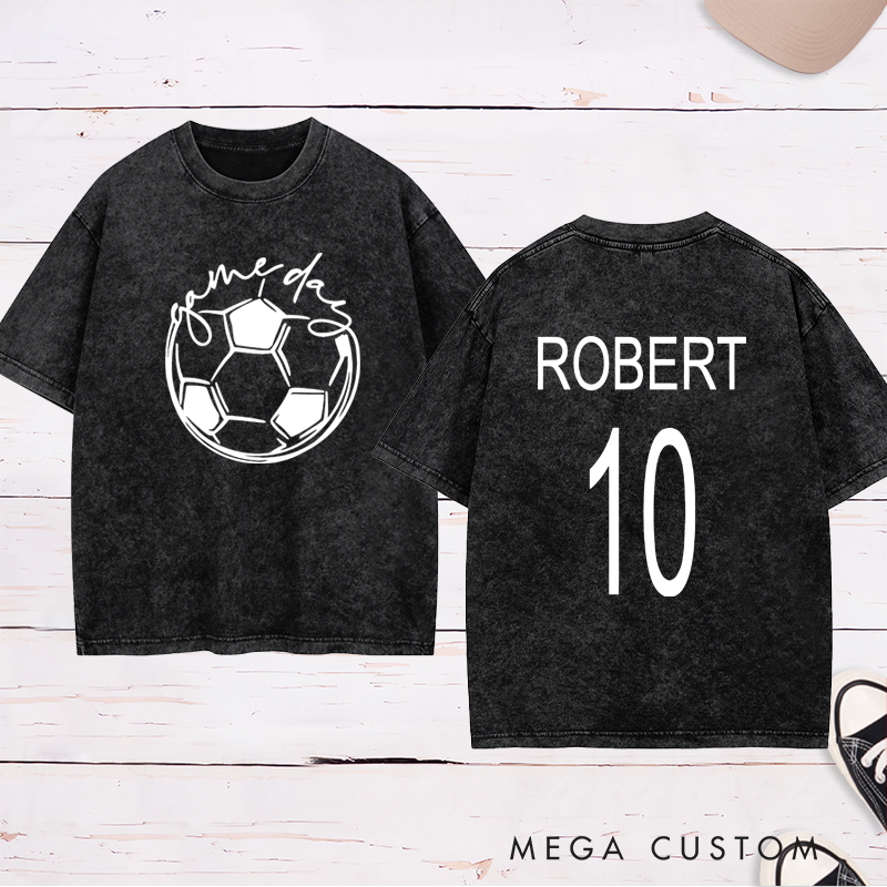 Personalized Washed Soccer T-Shirt with Custom Name, Number, and "Game Day" Graphic Design