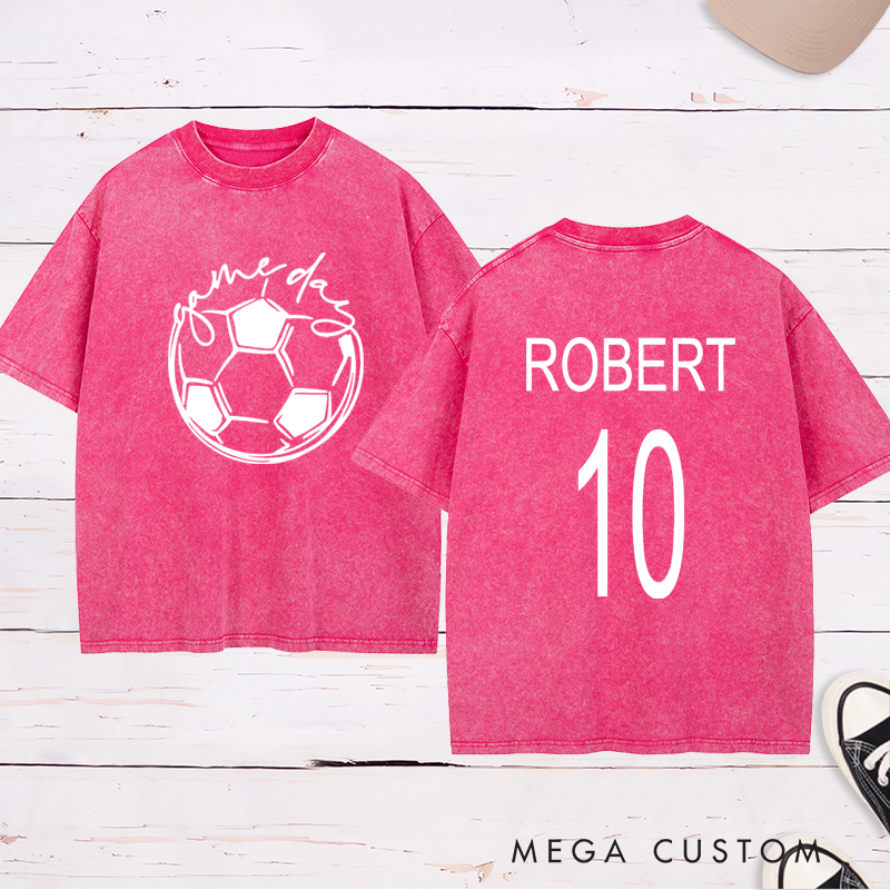 Personalized Washed Soccer T-Shirt with Custom Name, Number, and "Game Day" Graphic Design