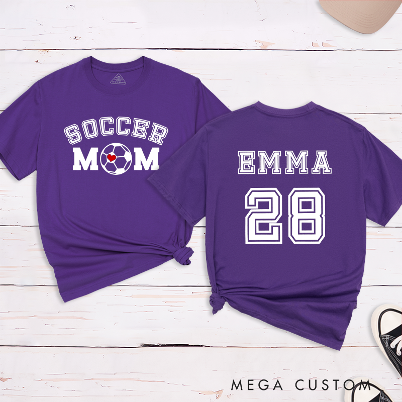 Personalized Soccer Mom T-Shirt with Custom Name, Number, and Bold Graphic Design