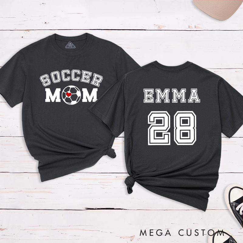 Personalized Soccer Mom T-Shirt with Custom Name, Number, and Bold Graphic Design