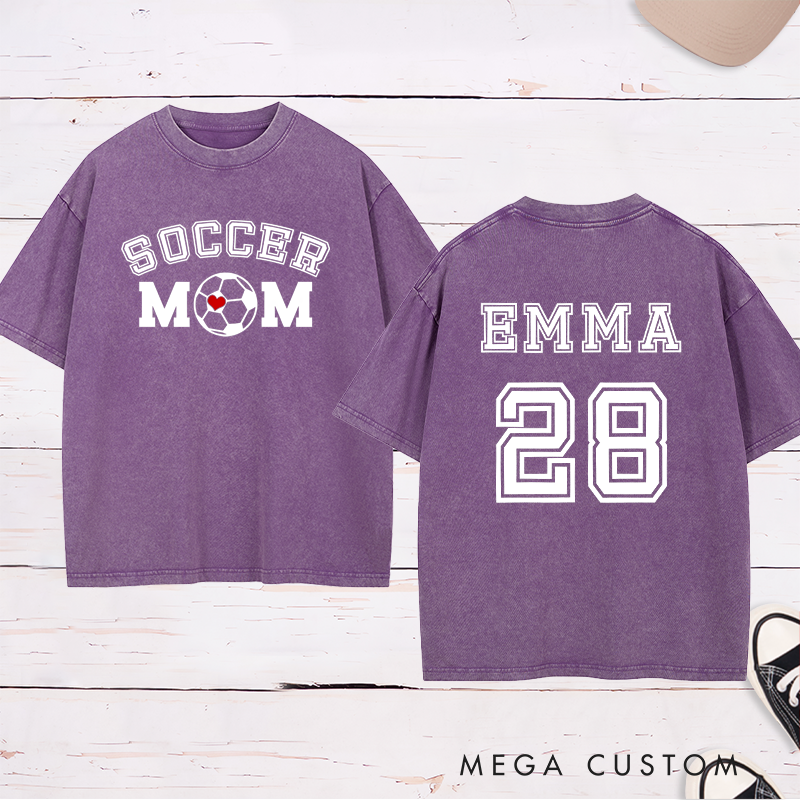 Personalized Washed Soccer Mom T-Shirt with Custom Name, Number, and Bold Graphic Design