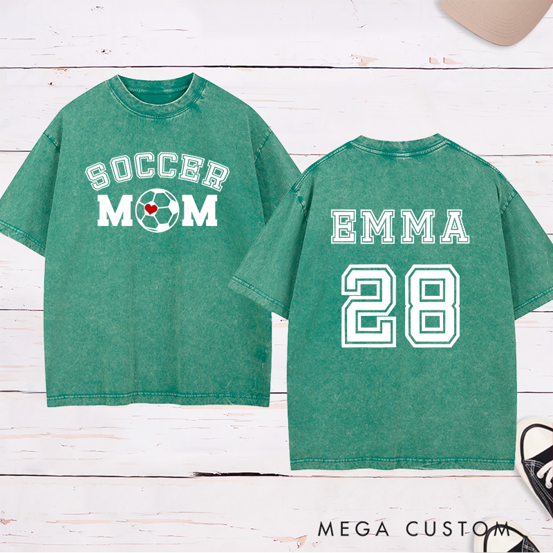Personalized Washed Soccer Mom T-Shirt with Custom Name, Number, and Bold Graphic Design