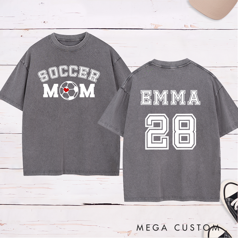 Personalized Washed Soccer Mom T-Shirt with Custom Name, Number, and Bold Graphic Design