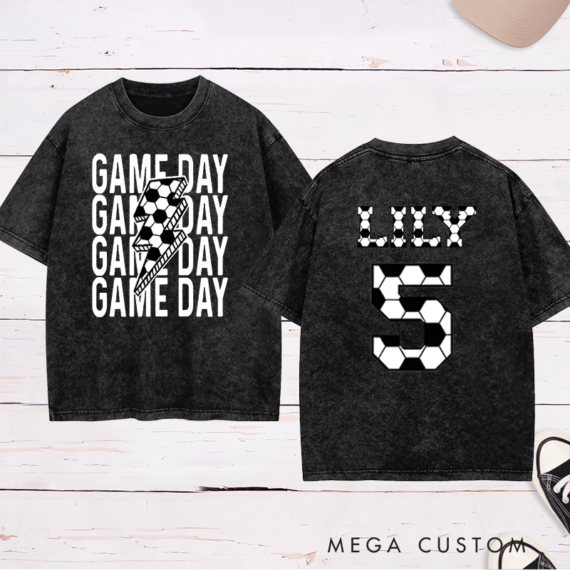 Personalized Game Day Soccer Washed T-Shirt with Custom Name and Number