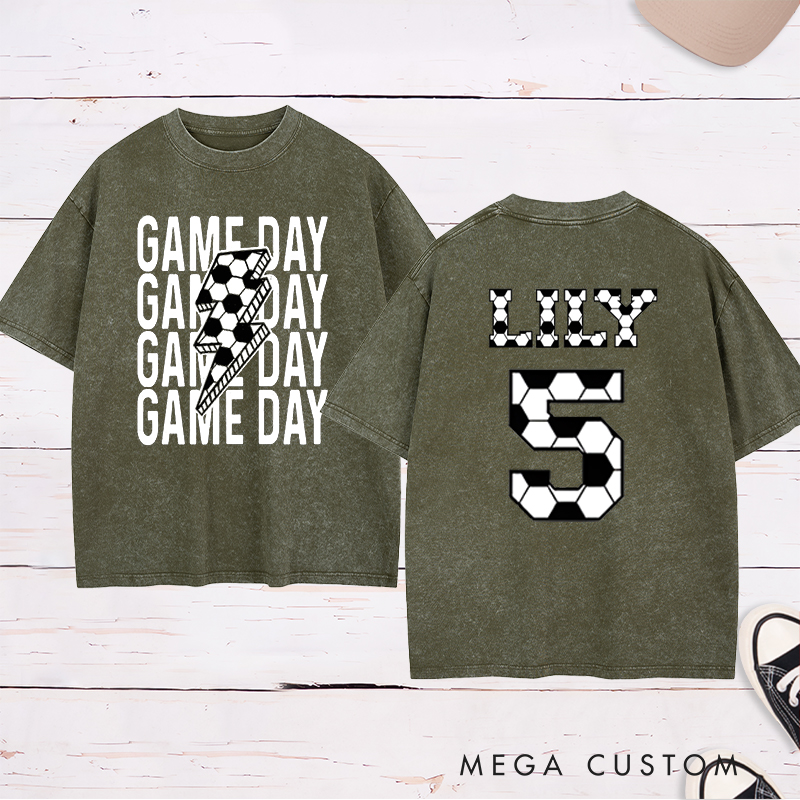 Personalized Game Day Soccer Washed T-Shirt with Custom Name and Number