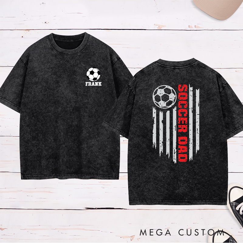 Personalized Patriotic Soccer Dad Washed T-Shirt with Custom Name