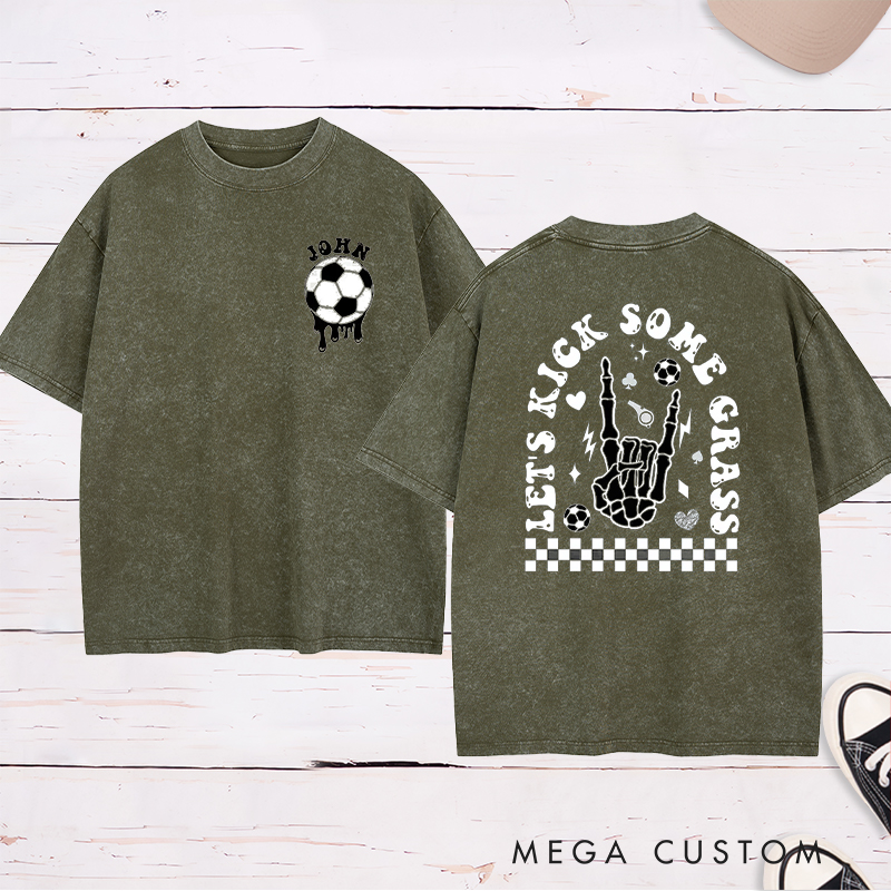 Personalized "Let's Kick Some Grass" Washed T-Shirt with Custom Name 