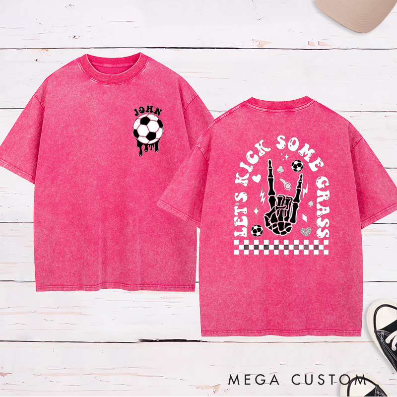 Personalized "Let's Kick Some Grass" Washed T-Shirt with Custom Name 