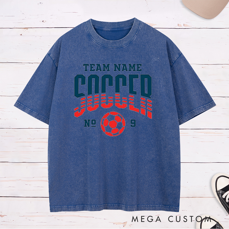 Personalized Soccer Washed T-Shirt with Dynamic Striped Graphic and Custom Team Name and Number