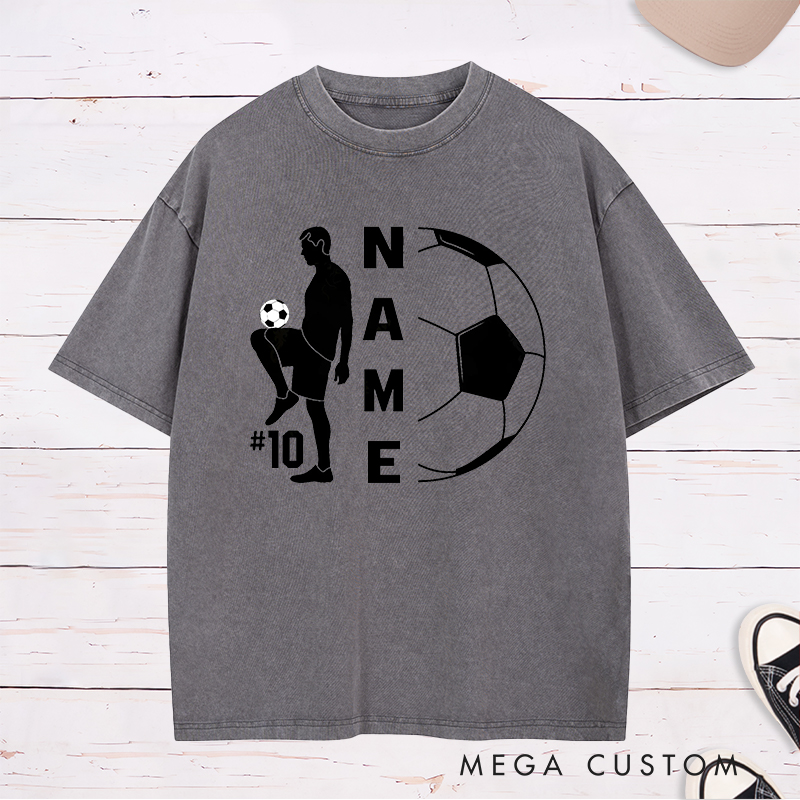 Personalized Soccer Washed T-Shirt with Player Silhouette and Custom Name and Number Design