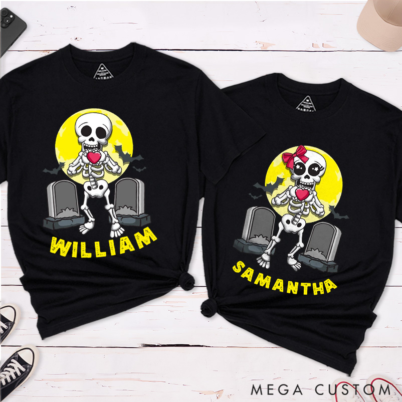 Personalized Couple Halloween Humorous Skull and Tombstone Matching T-Shirt 