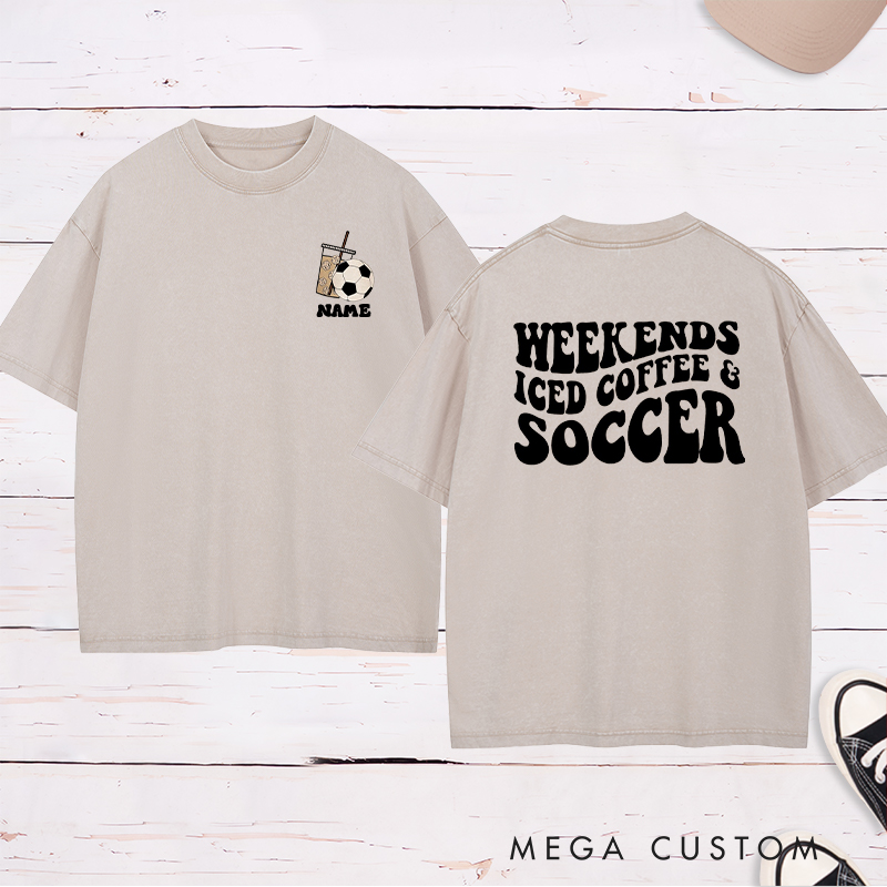 Personalized "Weekends, Iced Coffee & Soccer" Soccer Washed T-Shirt with Custom Name