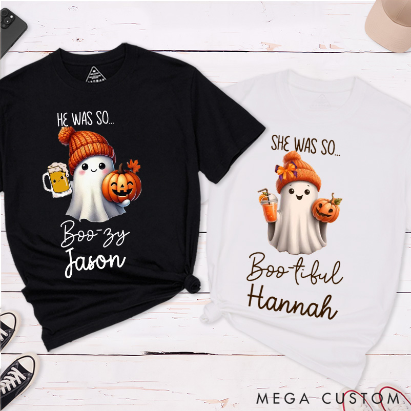 Personalized Cartoon  Ghosts With Pumpkin and Beer Funny Couple Matching Halloween T-Shirt