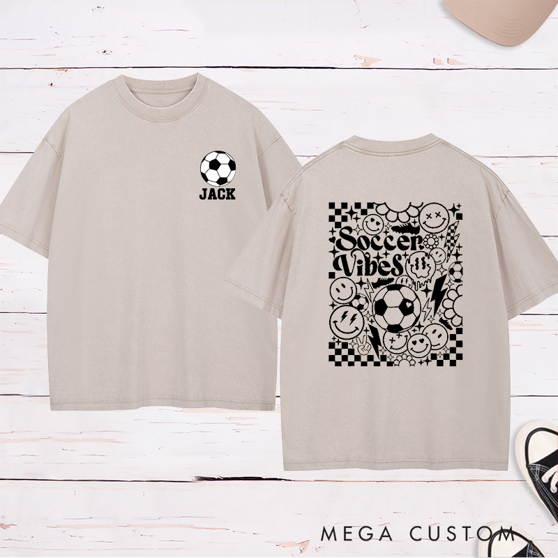 Personalized Soccer Washed T-Shirt with Custom Name and Bold Checkerboard Accents