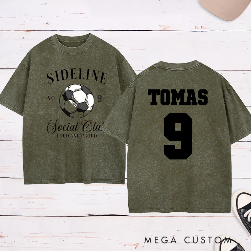 Personalized Sideline Soccer Washed T-Shirt with Custom Name and Number Design