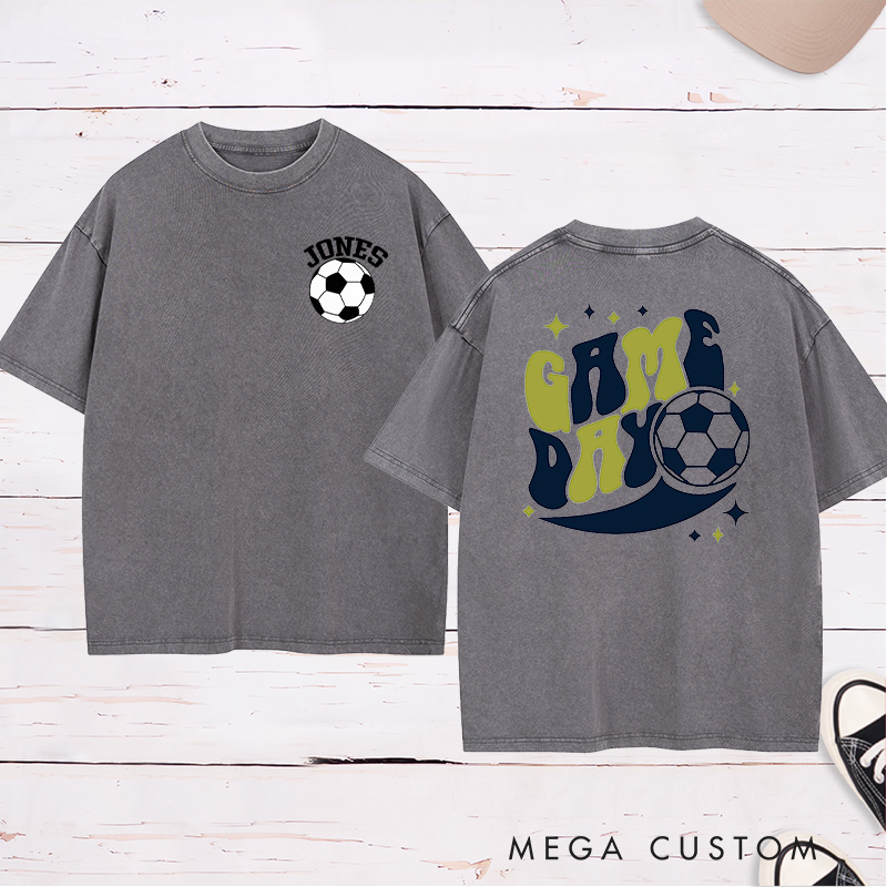 Personalized Game Day Washed T-Shirt  with Fun Retro Design and Custom Name and Number  