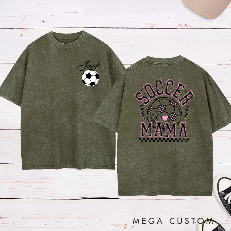 Personalized Soccer Mama Washed T-Shirt with Vibrant Pink Details and Custom Name and Number 