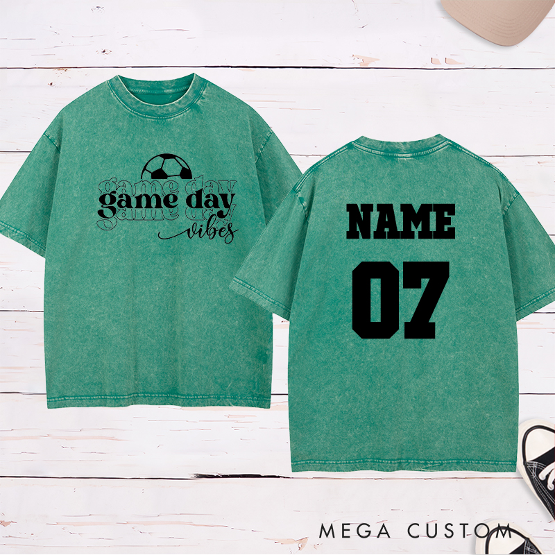 Personalized Game Day Vibes Washed T-Shirt Featuring Layered Typography and Custom Name and Number