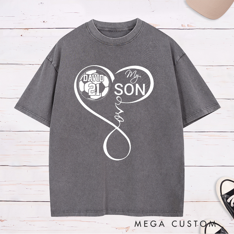 Personalized "My Son" Soccer Washed T-Shirt with Heart Design and Custom Name and Number