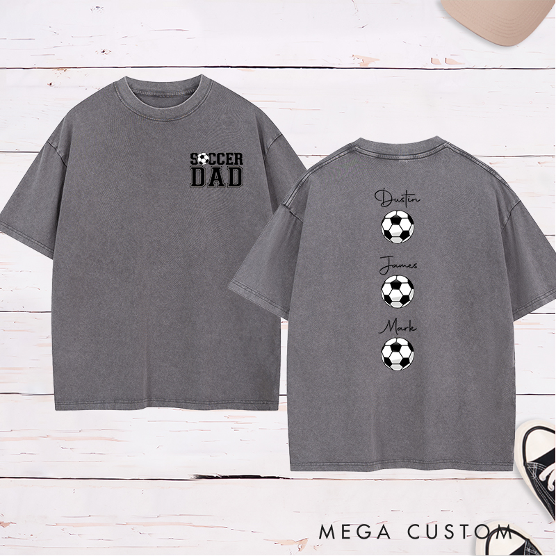 Personalized Soccer Dad Washed T-Shirt with Custom Kids’ Names and Ball Graphics
