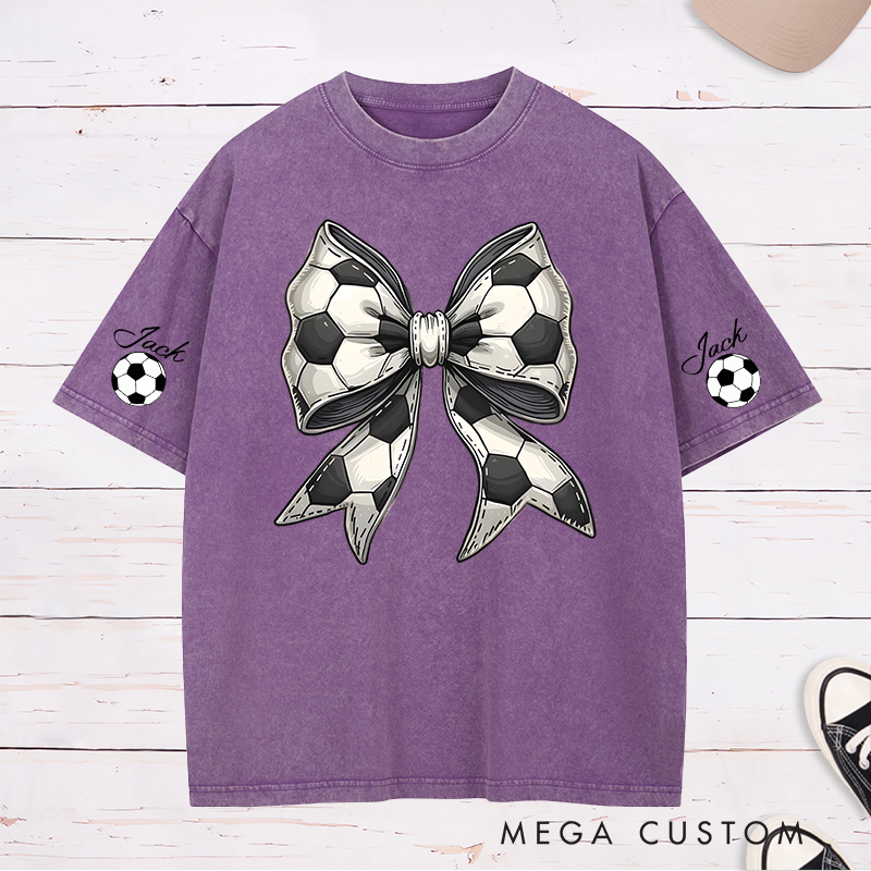 Personalized Soccer Washed T-Shirt with Stylish Soccer Ball Bow and Custom Name