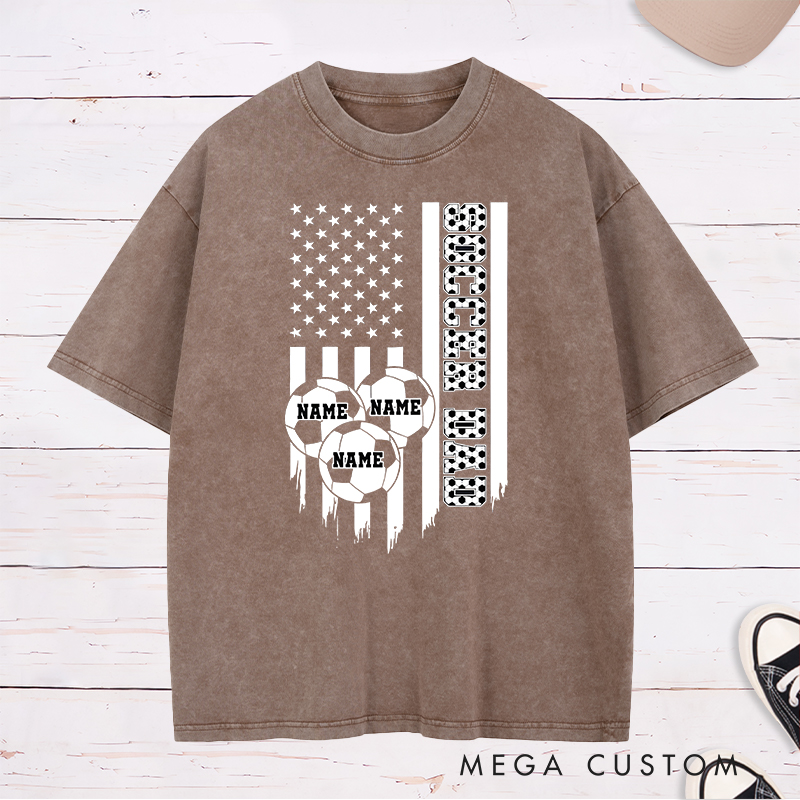 Personalized Soccer Dad Washed T-Shirt with American Flag and Custom Name