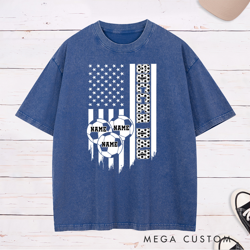 Personalized Soccer Dad Washed T-Shirt with American Flag and Custom Name
