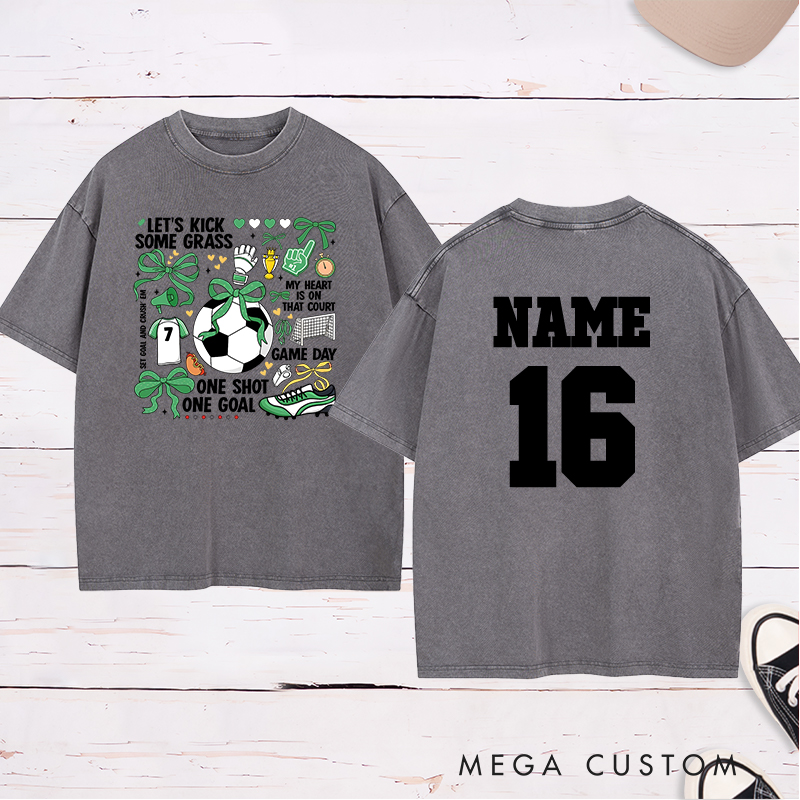 Personalized Soccer Washed T-Shirt with Fun "Let's Kick Some Grass" Design and Custom Name and Number