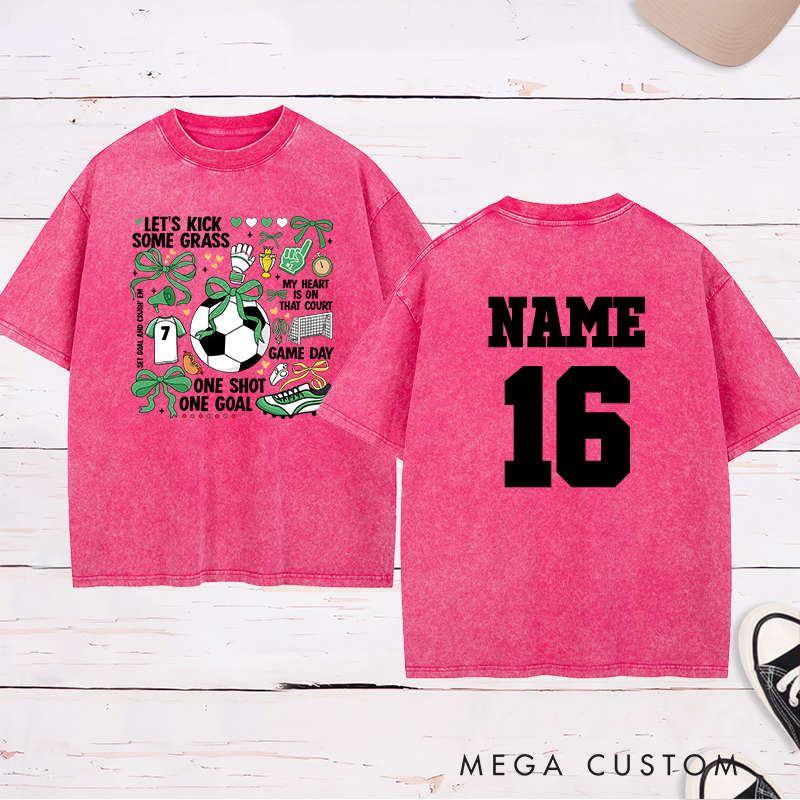 Personalized Soccer Washed T-Shirt with Fun "Let's Kick Some Grass" Design and Custom Name and Number