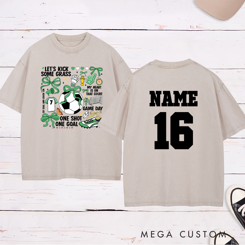 Personalized Soccer Washed T-Shirt with Fun "Let's Kick Some Grass" Design and Custom Name and Number