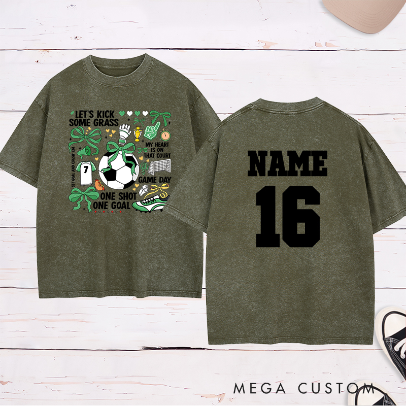 Personalized Soccer Washed T-Shirt with Fun "Let's Kick Some Grass" Design and Custom Name and Number