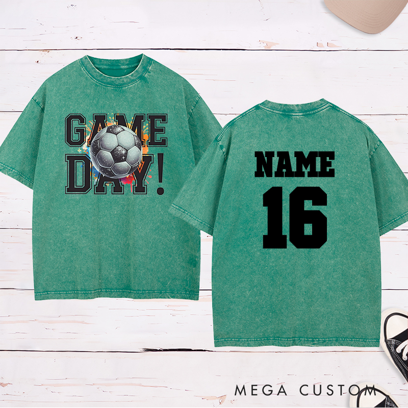 Personalized Soccer Washed T-Shirt Featuring Vibrant Splash Design and Custom Name and Number