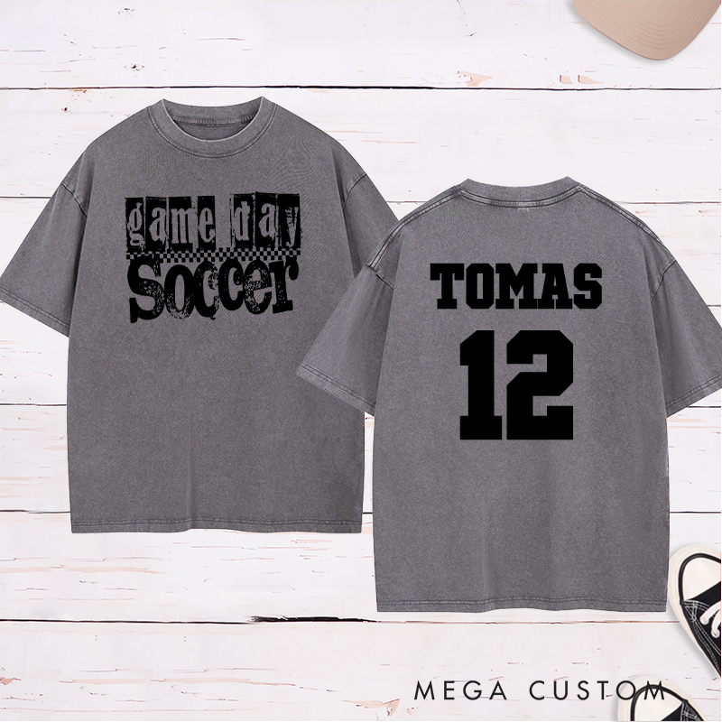 Personalized Game Day Soccer Washed T-Shirt with Grunge Checkerboard Design and Custom Name and Number