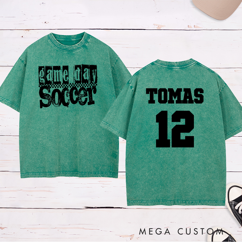Personalized Game Day Soccer Washed T-Shirt with Grunge Checkerboard Design and Custom Name and Number