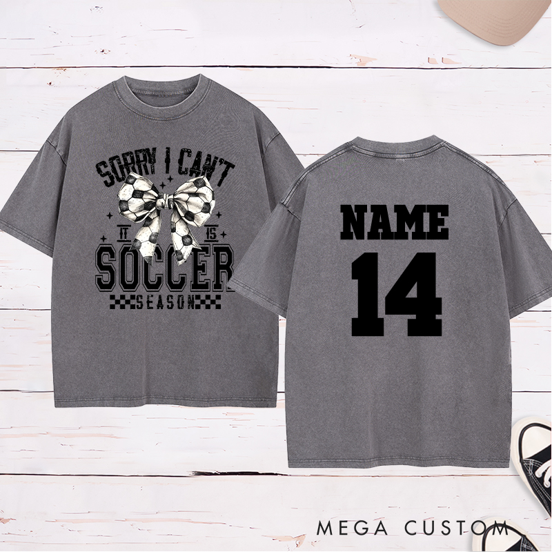 Personalized Soccer Season Washed T-Shirt with Stylish Bow Design and Custom Name and Number