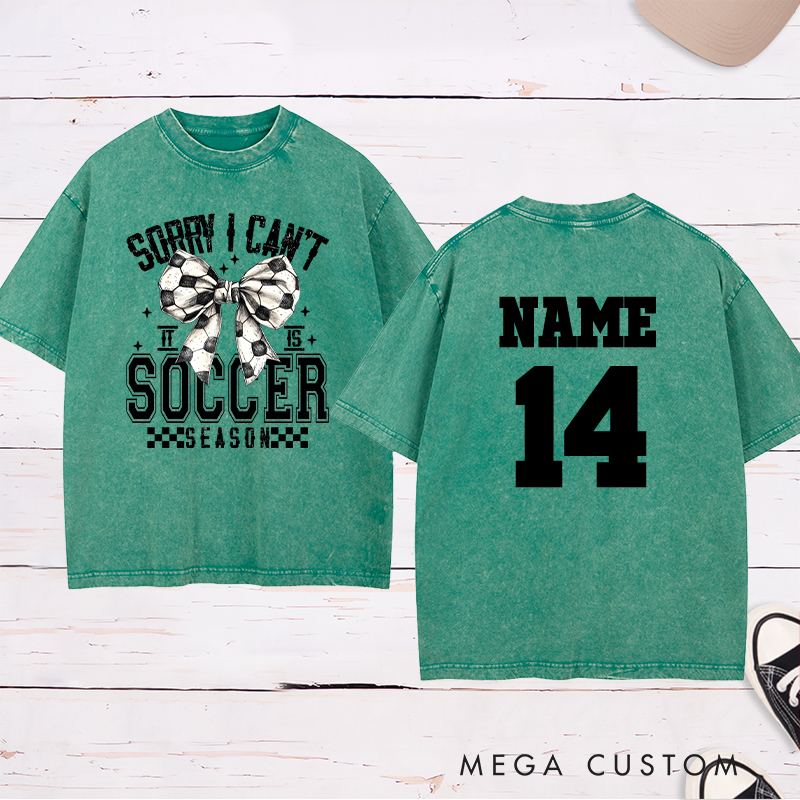 Personalized Soccer Season Washed T-Shirt with Stylish Bow Design and Custom Name and Number