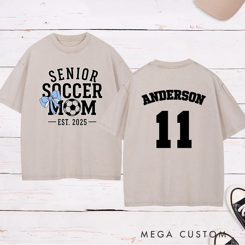 Personalized Senior Soccer Washed Mom T-Shirt with Custom Name, Number, and Graduation Year