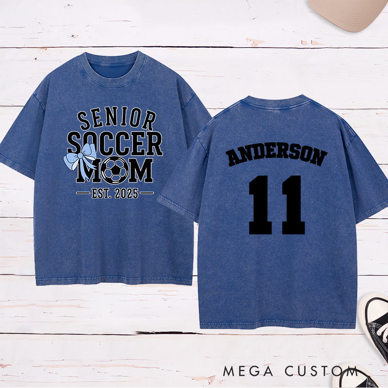 Personalized Senior Soccer Washed Mom T-Shirt with Custom Name, Number, and Graduation Year