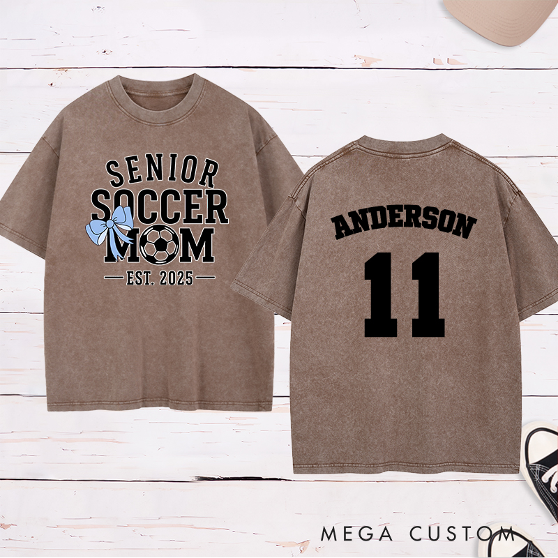 Personalized Senior Soccer Washed Mom T-Shirt with Custom Name, Number, and Graduation Year