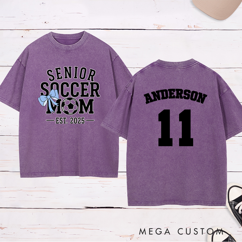 Personalized Senior Soccer Washed Mom T-Shirt with Custom Name, Number, and Graduation Year
