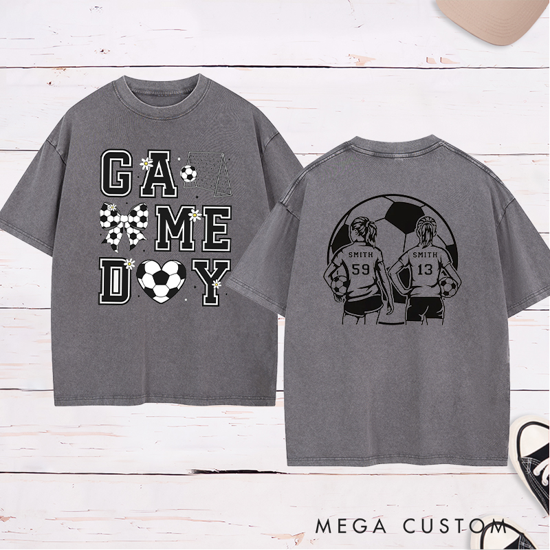 Personalized Game Day Soccer Washed T-Shirt with Custom Name and Number Design