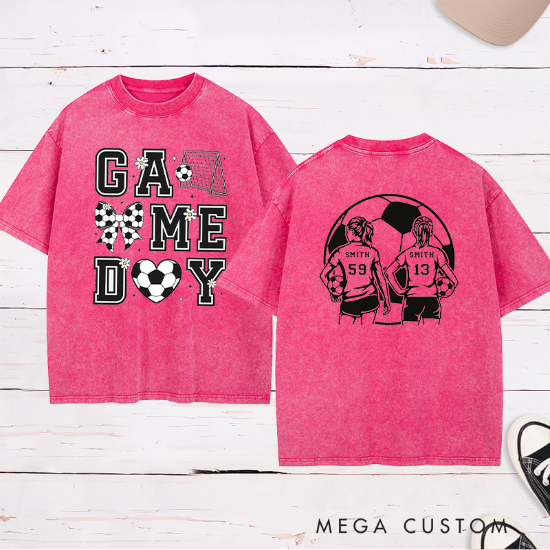 Personalized Game Day Soccer Washed T-Shirt with Custom Name and Number Design